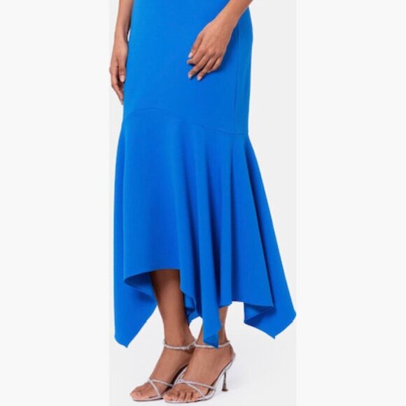 Xscape Evenings Cold Shoulder Handkerchief Hem Scuba Crepe Gown in Blue Size 16 - Picture 2 of 6